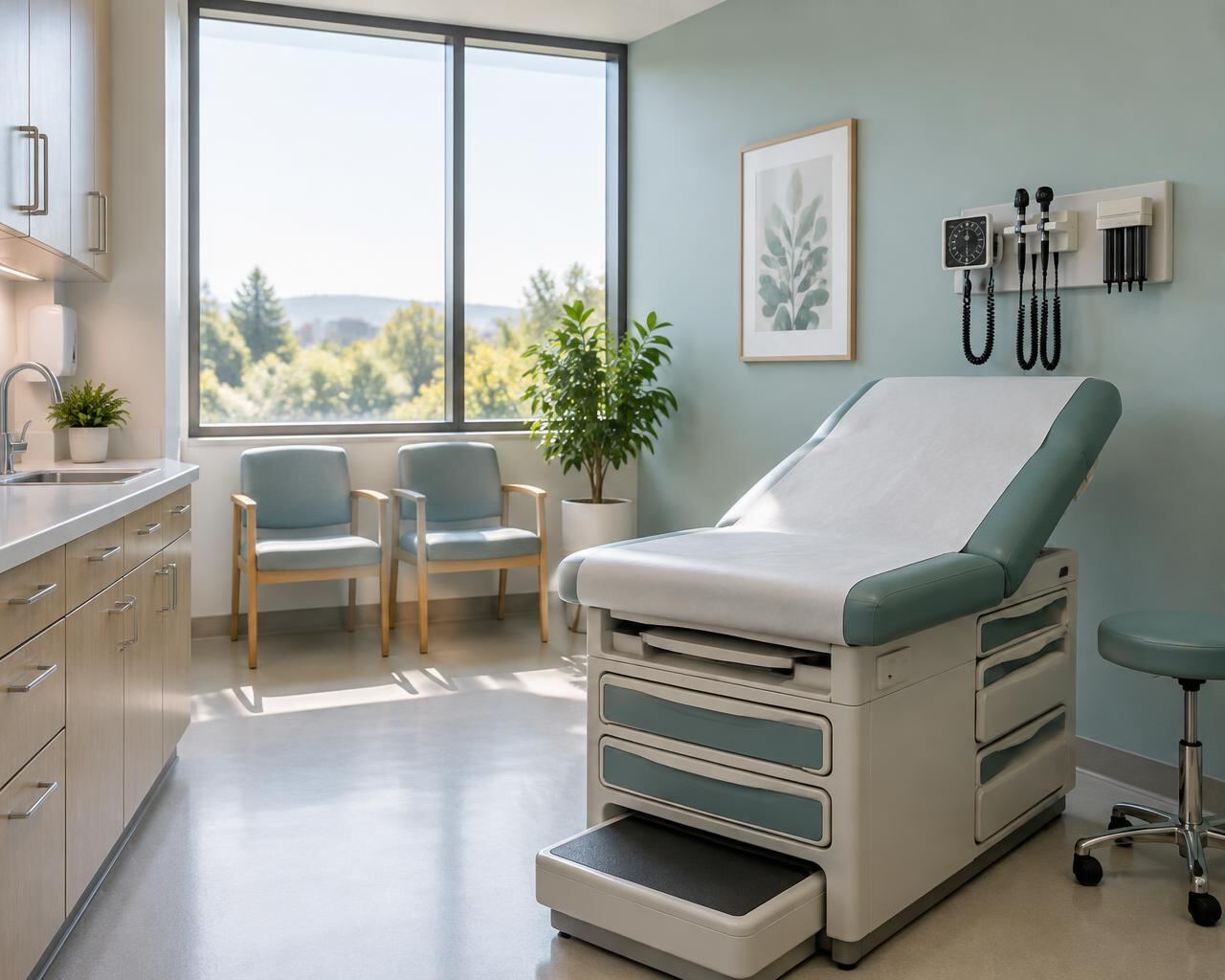A bright, modern medical examination room with natural light